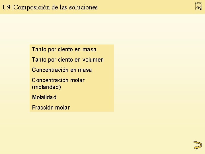 U 9 |Composición de las soluciones Tanto por ciento en masa Tanto por ciento