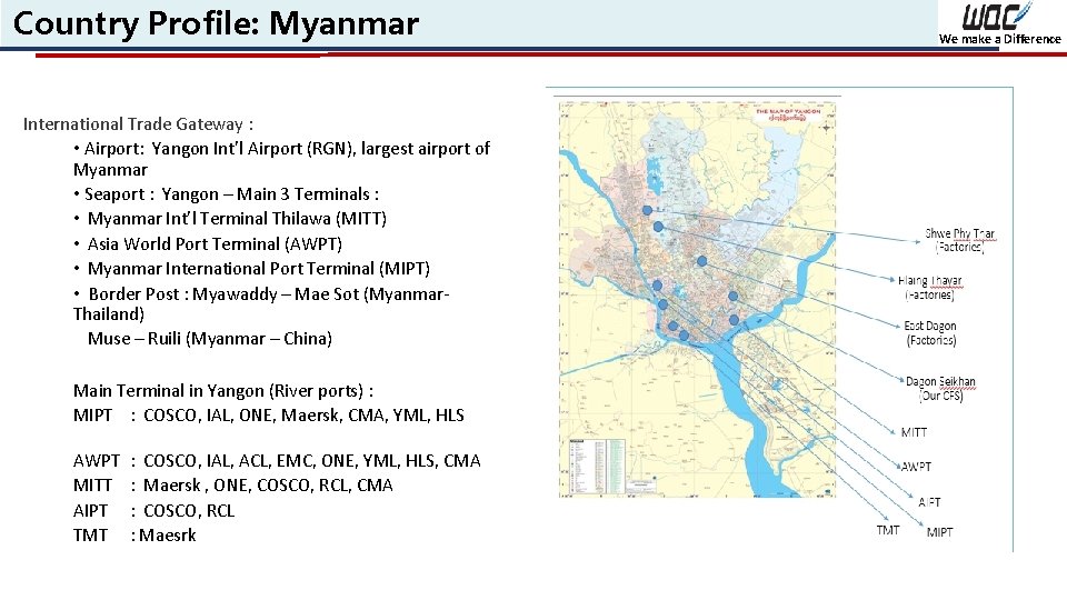 Country Profile: Myanmar International Trade Gateway : • Airport: Yangon Int’l Airport (RGN), largest