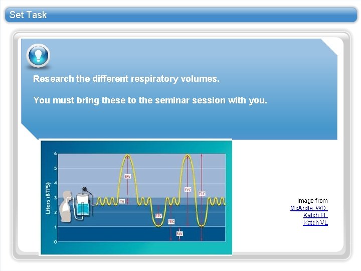 Set Task Research the different respiratory volumes. You must bring these to the seminar