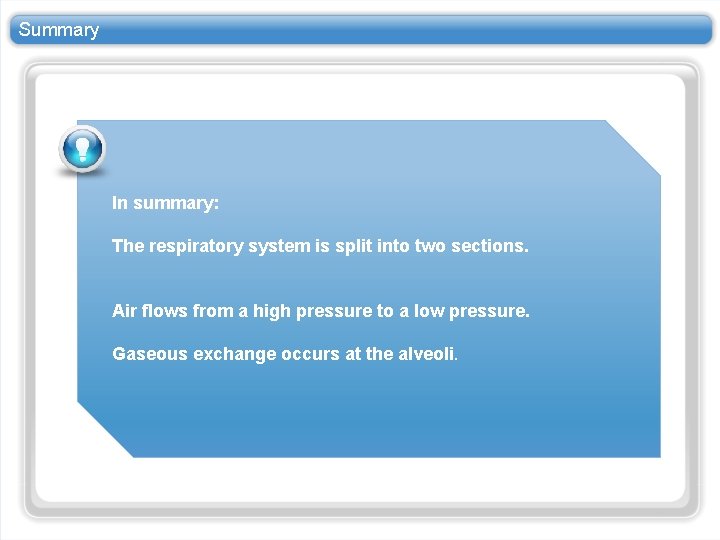 Summary In summary: The respiratory system is split into two sections. Air flows from