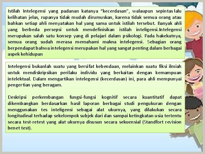 Istilah Intelegensi yang padanan katanya “kecerdasan”, walaupun sepintas lalu kelihatan jelas, rupanya tidak mudah