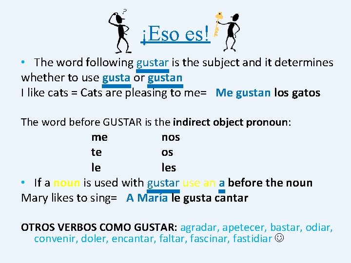 ¡Eso es! • The word following gustar is the subject and it determines whether