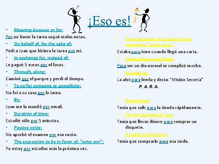 ¡Eso es! • Meaning because or for: Por no hacer la tarea saqué malas