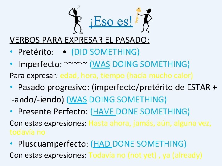 ¡Eso es! VERBOS PARA EXPRESAR EL PASADO: • Pretérito: • (DID SOMETHING) • Imperfecto: