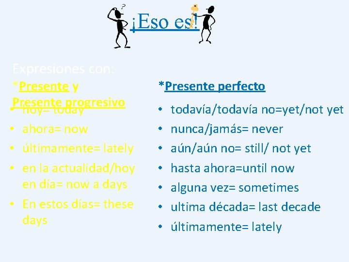  ¡Eso es! Expresiones con: *Presente y Presente progresivo • hoy= today • ahora=