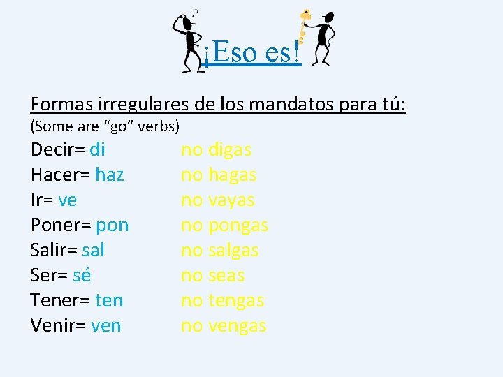 ¡Eso es! Formas irregulares de los mandatos para tú: (Some are “go” verbs) Decir=