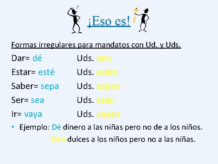 ¡Eso es! Formas irregulares para mandatos con Ud. y Uds. Dar= dé Estar= esté