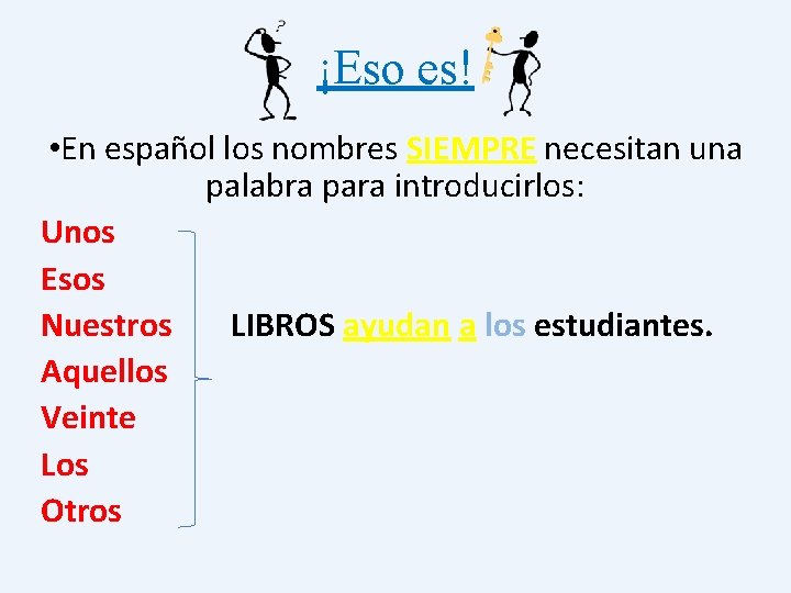 ¡Eso es! • En español los nombres SIEMPRE necesitan una palabra para introducirlos: Unos