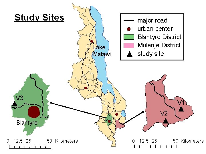 Study Sites Lake Malawi major road urban center Blantyre District Mulanje District study site