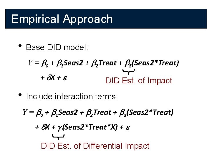 Empirical Approach • Base DID model: Y = b 0 + b 1 Seas