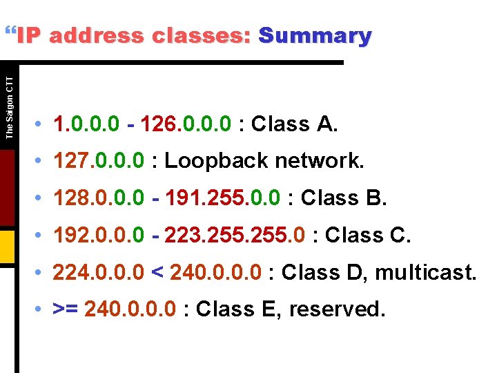 The Saigon CTT }IP address classes: Summary • 1. 0. 0. 0 - 126. The Saigon CTT }IP address classes: Summary • 1. 0. 0. 0 - 126.