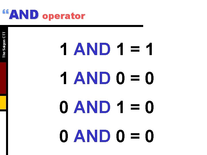 The Saigon CTT }AND operator 1 AND 1 = 1 1 AND 0 = The Saigon CTT }AND operator 1 AND 1 = 1 1 AND 0 =
