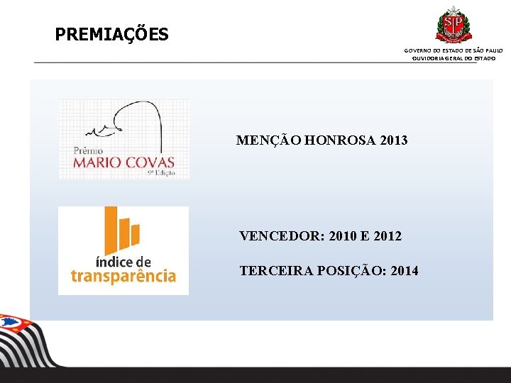 PREMIAÇÕES GOVERNO DO ESTADO DE SÃO PAULO OUVIDORIA GERAL DO ESTADO MENÇÃO HONROSA 2013 PREMIAÇÕES GOVERNO DO ESTADO DE SÃO PAULO OUVIDORIA GERAL DO ESTADO MENÇÃO HONROSA 2013