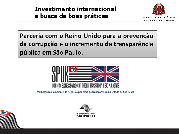 Investimento internacional e busca de boas práticas GOVERNO DO ESTADO DE SÃO PAULO OUVIDORIA Investimento internacional e busca de boas práticas GOVERNO DO ESTADO DE SÃO PAULO OUVIDORIA