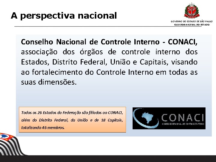 A perspectiva nacional GOVERNO DO ESTADO DE SÃO PAULO OUVIDORIA GERAL DO ESTADO Conselho A perspectiva nacional GOVERNO DO ESTADO DE SÃO PAULO OUVIDORIA GERAL DO ESTADO Conselho
