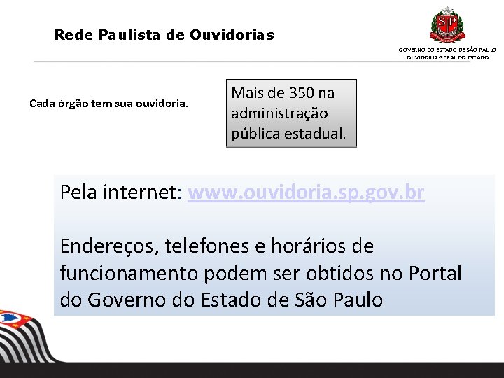 Rede Paulista de Ouvidorias GOVERNO DO ESTADO DE SÃO PAULO OUVIDORIA GERAL DO ESTADO Rede Paulista de Ouvidorias GOVERNO DO ESTADO DE SÃO PAULO OUVIDORIA GERAL DO ESTADO