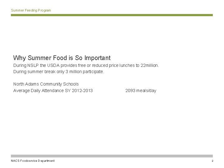 Summer Feeding Program Why Summer Food is So Important During NSLP the USDA provides