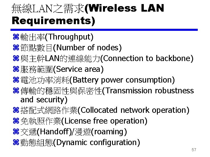 無線LAN之需求(Wireless LAN Requirements) z 輸出率(Throughput) z 節點數目(Number of nodes) z 與主幹LAN的連線能力(Connection to backbone) z