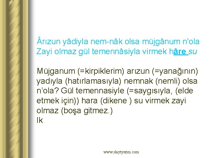  rızun yâdiyla nem-nâk olsa müjgânum n'ola Zayi olmaz gül temennâsiyla virmek hâre su