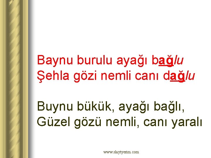 Baynu burulu ayağı bağlu Şehla gözi nemli canı dağlu Buynu bükük, ayağı bağlı, Güzel