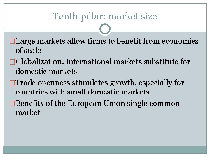 Tenth pillar: market size �Large markets allow firms to benefit from economies of scale