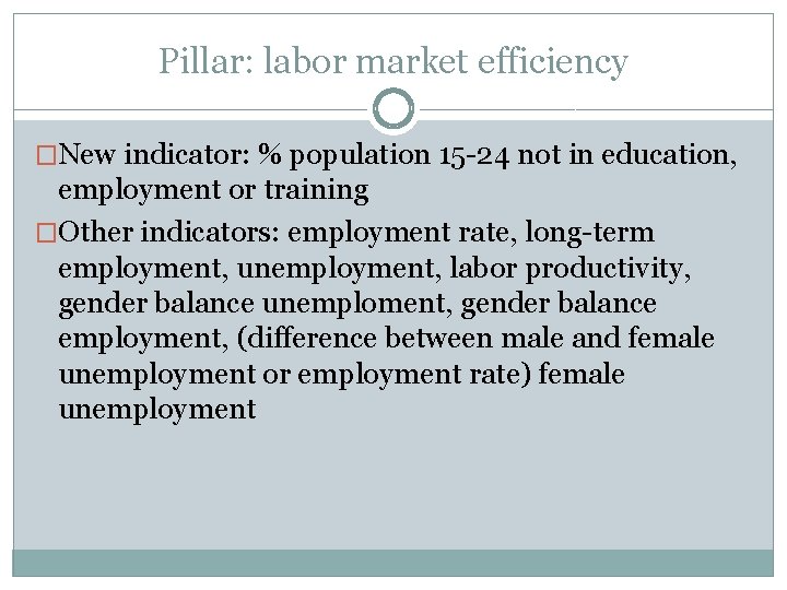 Pillar: labor market efficiency �New indicator: % population 15 -24 not in education, employment