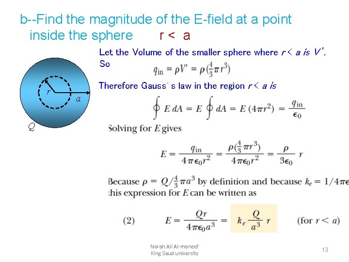 b--Find the magnitude of the E-field at a point inside the sphere r< a