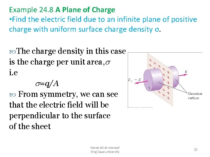 Example 24. 8 A Plane of Charge • Find the electric field due to