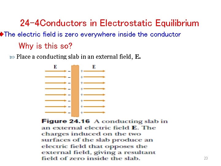 24 -4 Conductors in Electrostatic Equilibrium The electric field is zero everywhere inside the