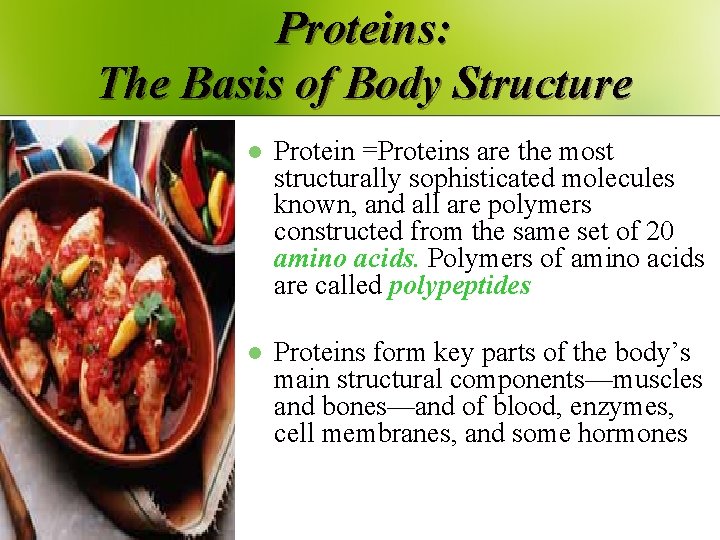 Proteins: The Basis of Body Structure l Protein =Proteins are the most structurally sophisticated