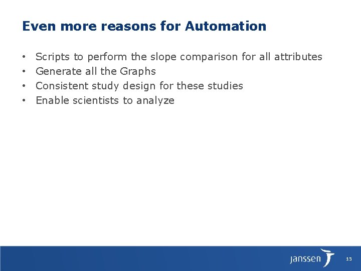 Even more reasons for Automation • • Scripts to perform the slope comparison for
