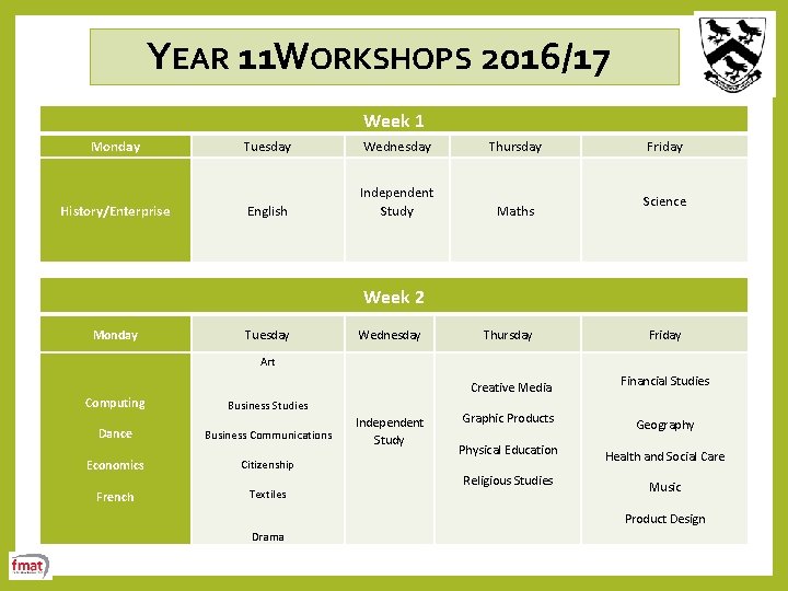 YEAR 11 WORKSHOPS 2016/17 Week 1 Monday History/Enterprise Tuesday Wednesday Thursday Friday English Independent