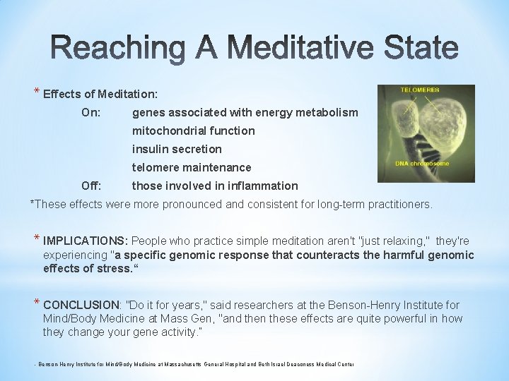 * Effects of Meditation: On: genes associated with energy metabolism mitochondrial function insulin secretion
