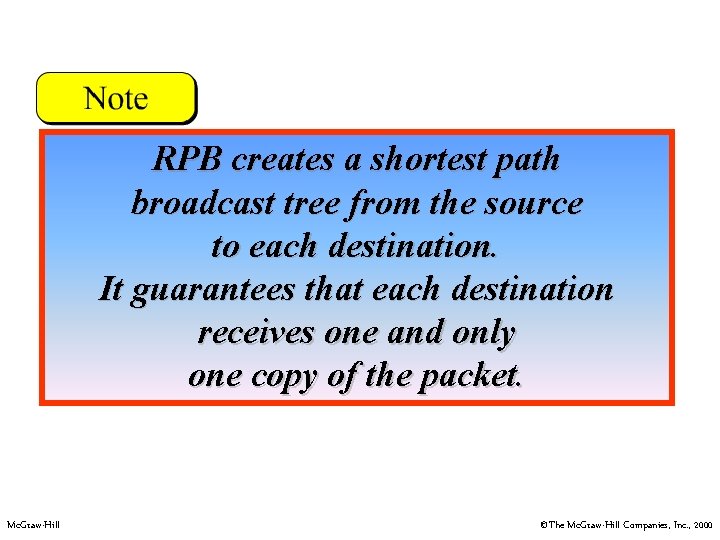 RPB creates a shortest path broadcast tree from the source to each destination. It