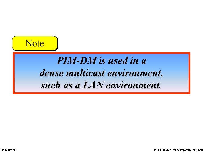 PIM-DM is used in a dense multicast environment, such as a LAN environment. Mc.