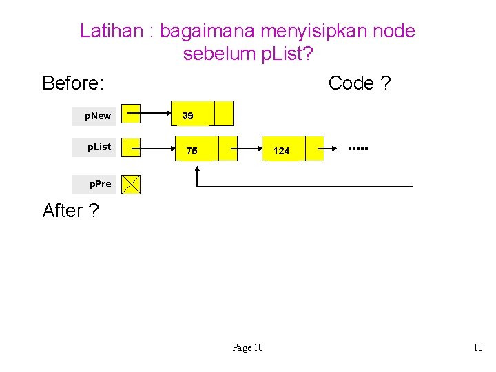 Latihan : bagaimana menyisipkan node sebelum p. List? Before: Code ? p. New p.