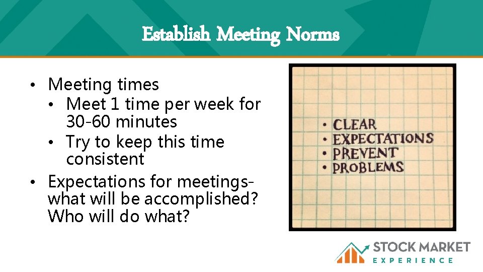 Establish Meeting Norms • Meeting times • Meet 1 time per week for 30