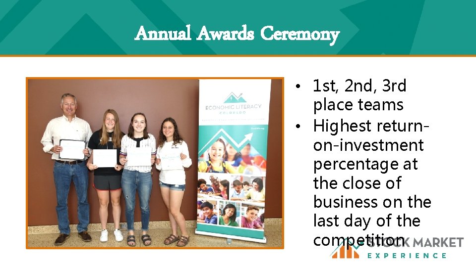 Annual Awards Ceremony • 1 st, 2 nd, 3 rd place teams • Highest