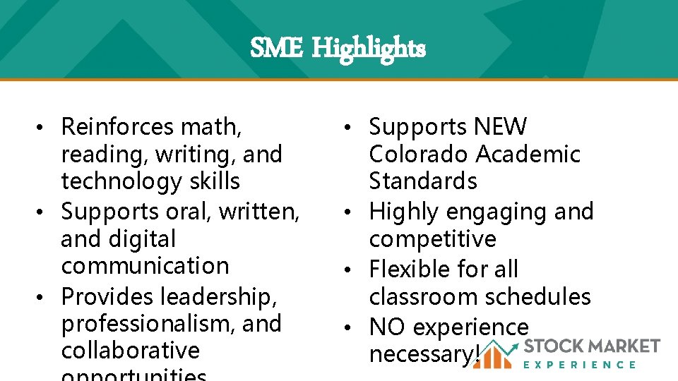 SME Highlights • Reinforces math, reading, writing, and technology skills • Supports oral, written,