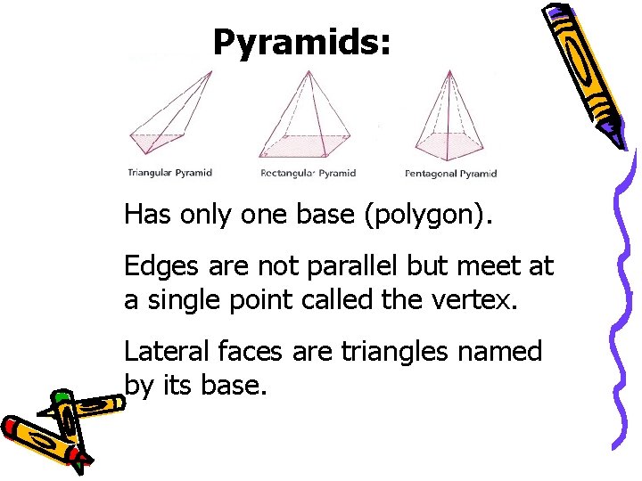 Pyramids: Has only one base (polygon). Edges are not parallel but meet at a