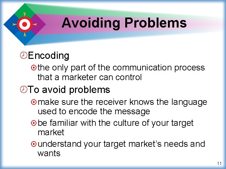 Avoiding Problems ¾Encoding ¤ the only part of the communication process that a marketer