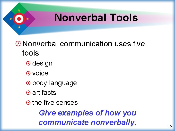 Nonverbal Tools ¾ Nonverbal communication uses five tools ¤ design ¤ voice ¤ body