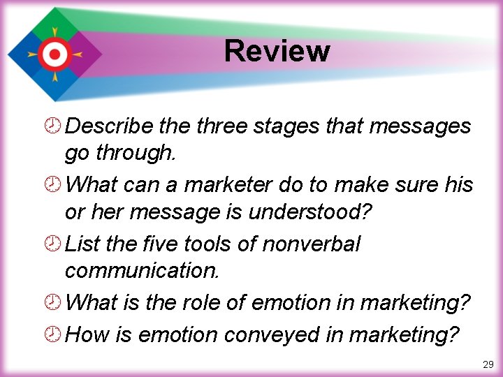 Review ¾ Describe three stages that messages go through. ¾ What can a marketer