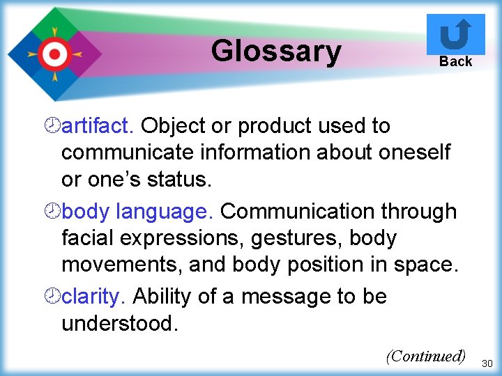 Glossary Back ¾artifact. Object or product used to communicate information about oneself or one’s