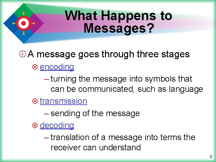 What Happens to Messages? ¾ A message goes through three stages ¤ encoding –