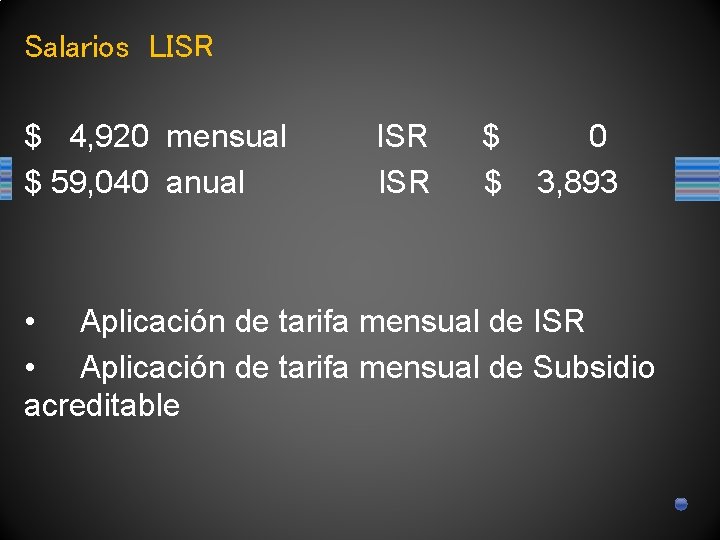 Salarios LISR $ 4, 920 mensual ISR $ 0 $ 59, 040 anual ISR