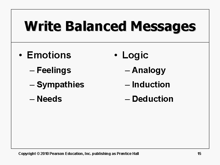 Write Balanced Messages • Emotions • Logic – Feelings – Analogy – Sympathies –