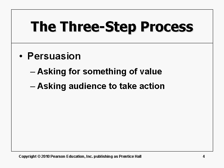The Three-Step Process • Persuasion – Asking for something of value – Asking audience