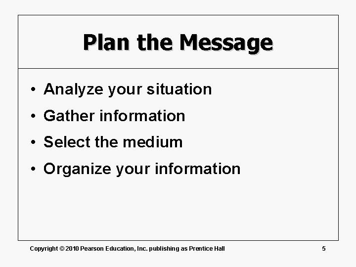 Plan the Message • Analyze your situation • Gather information • Select the medium