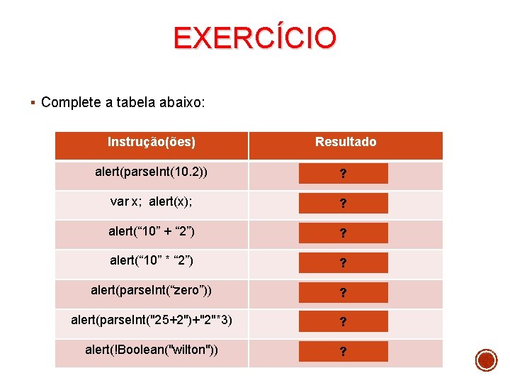 EXERCÍCIO § Complete a tabela abaixo: Instrução(ões) Resultado alert(parse. Int(10. 2)) 10 ? var